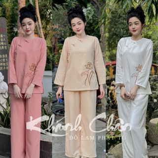 [FREESHIP - ẢNH ĐỘC QUYỀN] BỘ LAM THÊU SEN NÂU CỔ TRÒN TAY DÀI SUÔNG - BỘ PHÁP PHỤC ĐI LỄ CHÙA