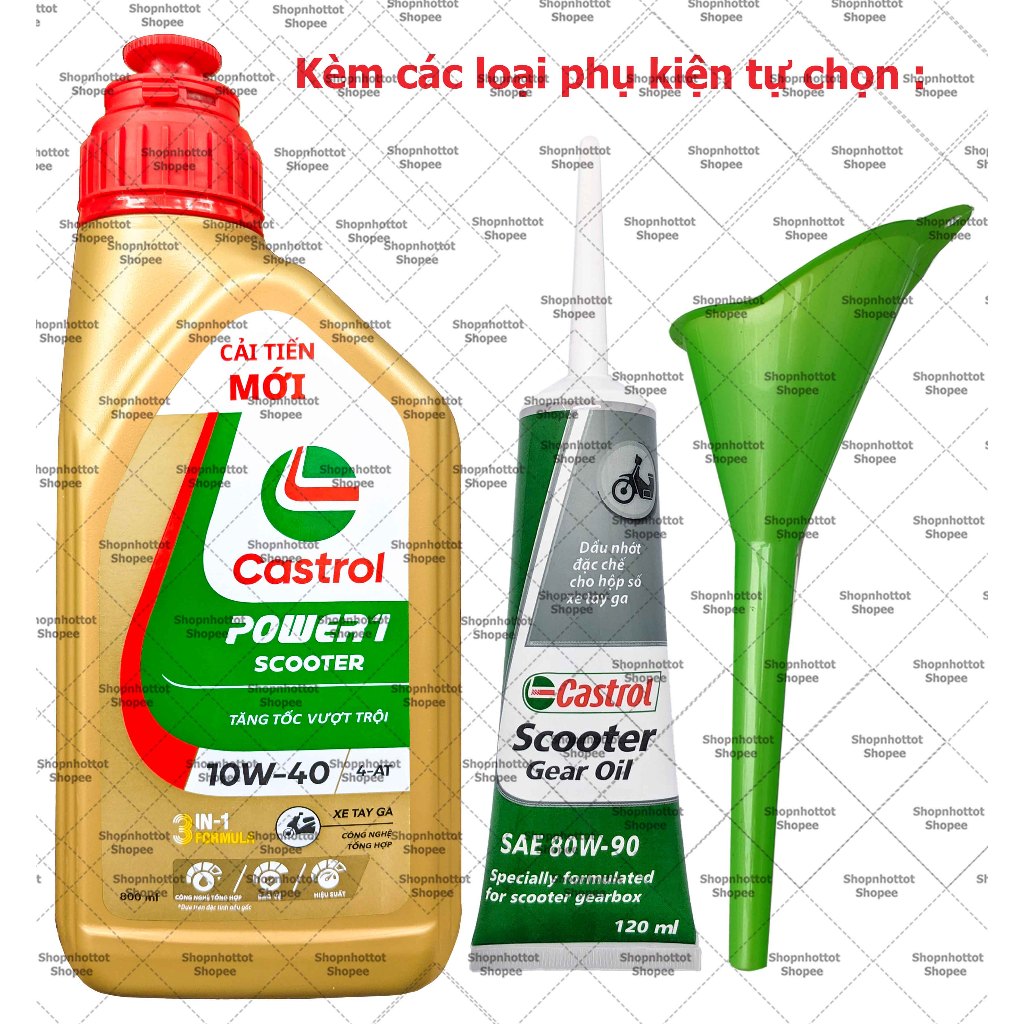 Combo Dầu nhớt tổng hợp tay ga Castrol Power-1 Scooter 10W40  800ml (0.8L)  + Nhớt Lap Castrol + Phụ
