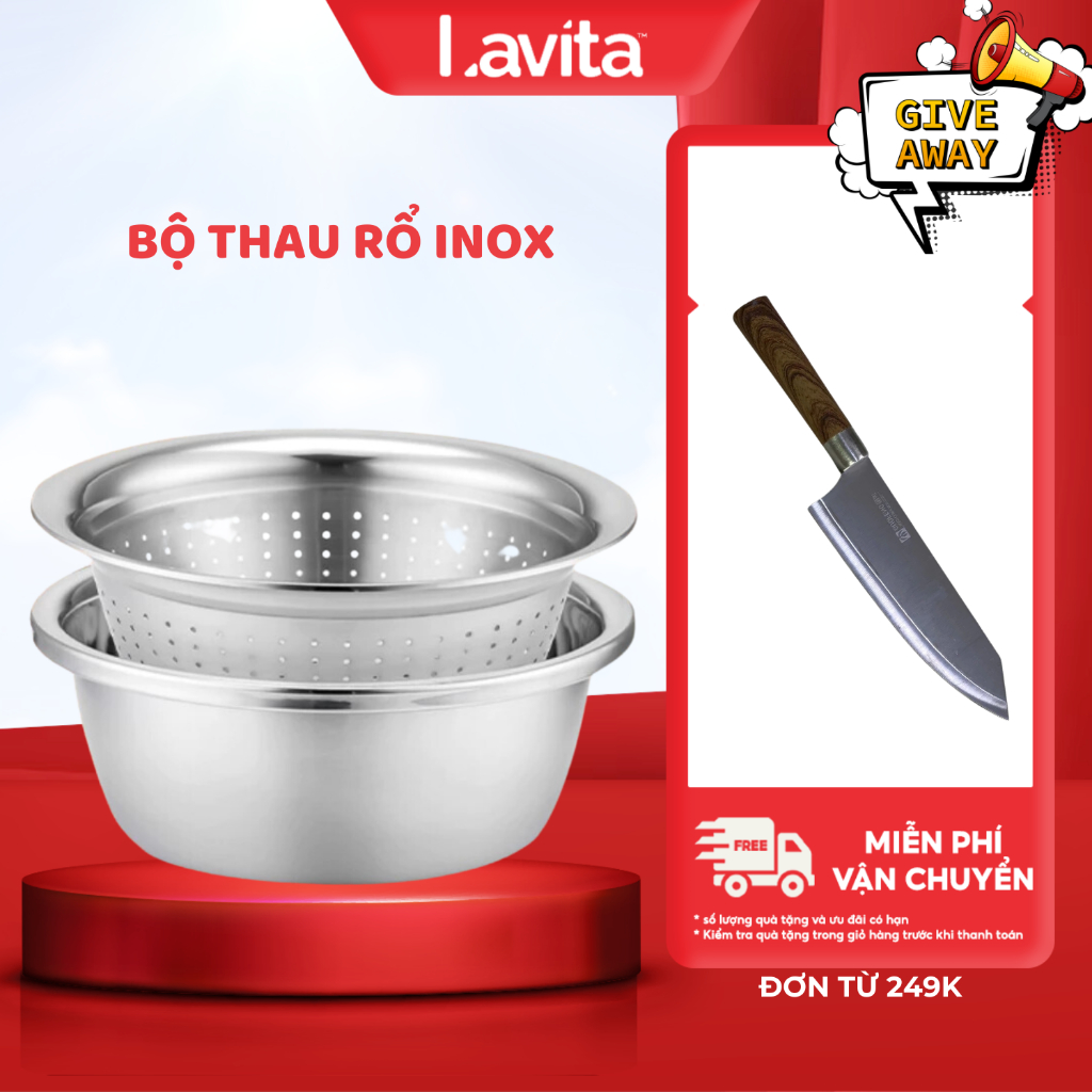 Bộ thau rổ Inox Delio rửa rau củ quả thực phẩm cao cấp bển bỉ chống gỉ sét nhiều size