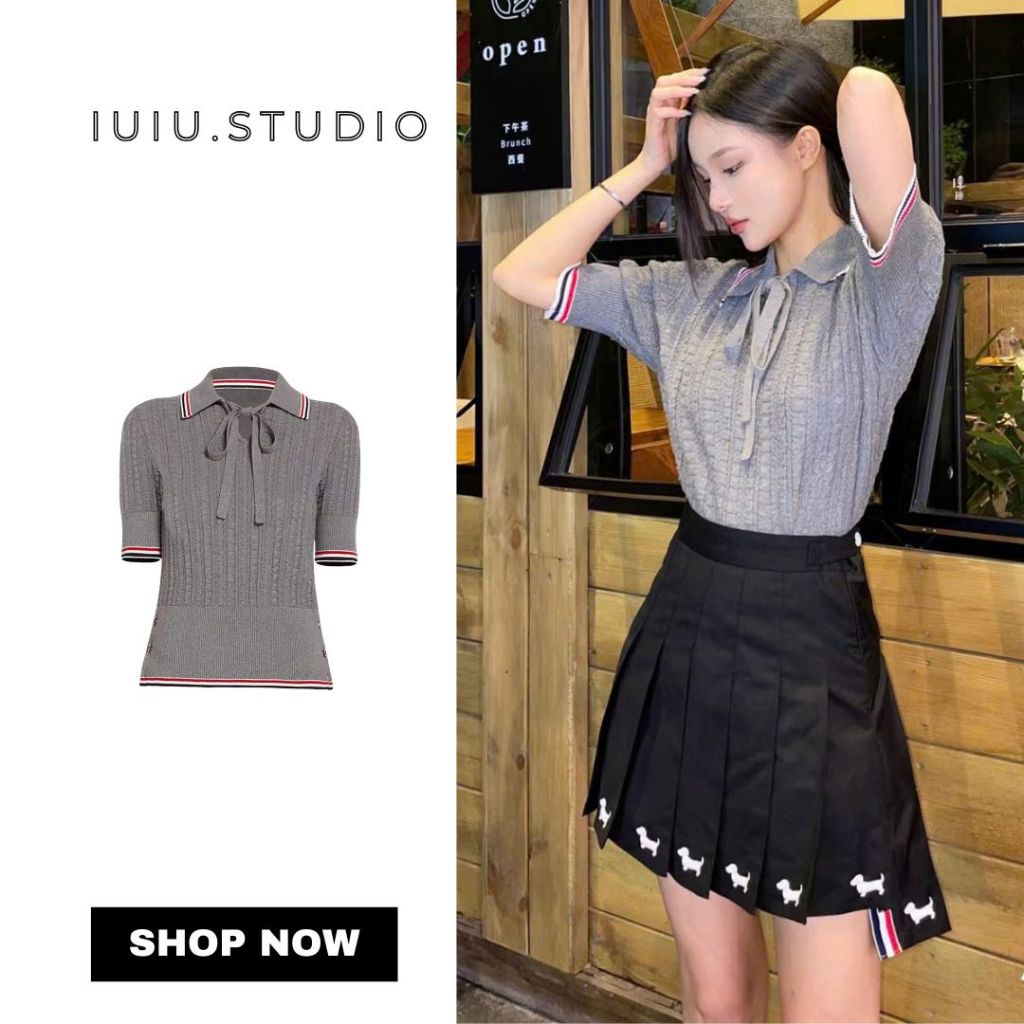 IUIU.STUDIO Áo polo xám nữ có dây buộc nơ tiểu thư thời trang Hàn Quốc áo lỡ tay len mềm mại tôn dán