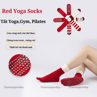 Tất   Vớ Chân Đỏ Tập Yoga Pilates Cao Cổ Nữ Len Co Giãn Đính Hạt Silicon Chống Trơn Trượt  Freesize 35-39  T003 