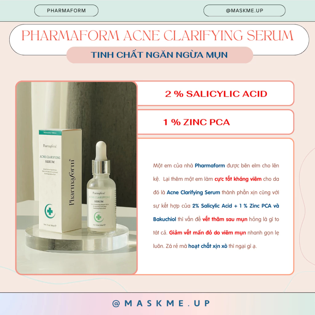 Tinh Chất Acne Clarifying Serum Pharmaform 2% Salicylic Acid + 1% Zinc PCA 30ml
