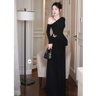 Đầm đi dự tiệc, váy dự tiệc chất nhúng kim cương lệch vai dài tay dáng xòe dài thiết kế tiểu thư sang chảnh LEVAN - LONG