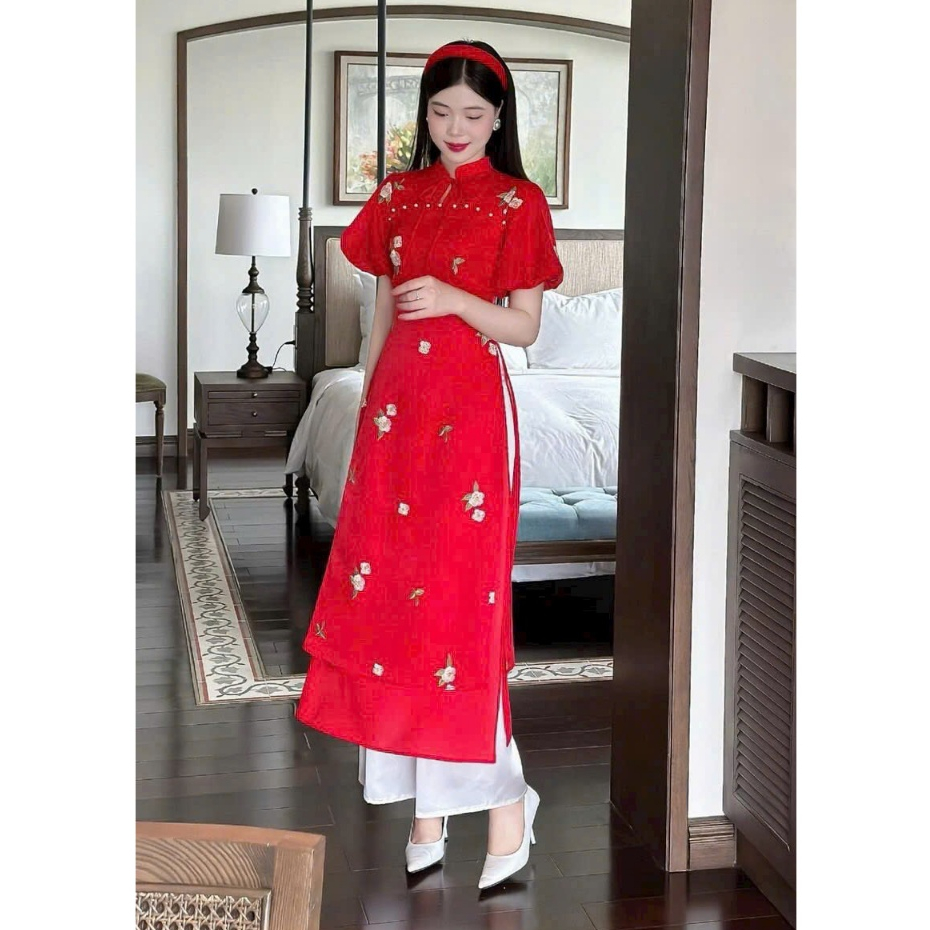 Set bộ áo dài đi chúc tết có 3 màu dể thương ht125 áo tay ngắn chất vải voan ánh kim 2 lớp kèm quần 