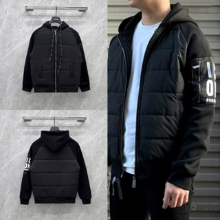 Áo khoác bomber nam nữ Dsq2 thân pha gió trần bông dệt tay nỉ phối túi hộp in chữ icon trắng