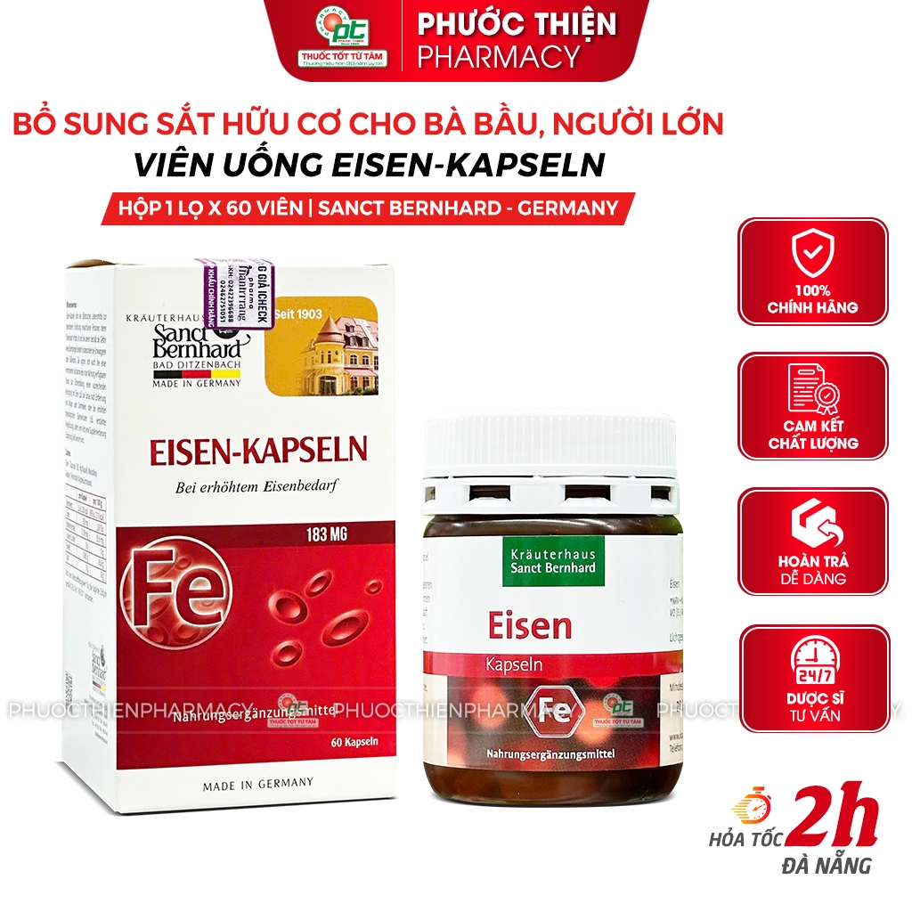 Viên uống sắt hữu cơ, sắt cho bà bầu, bổ máu Eisen Kapseln Sanct Bernhard Lọ 60 viên