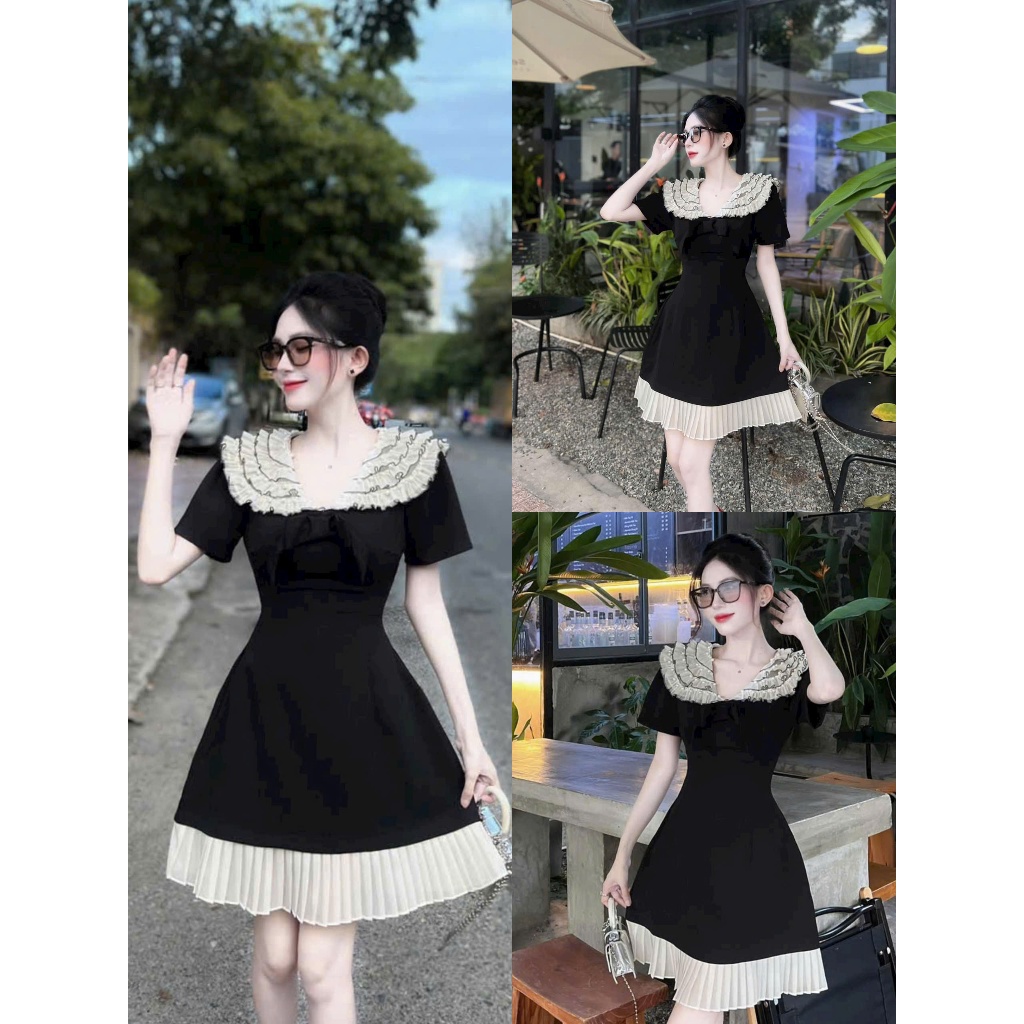 Đầm thời trang vải tuyết mưa cổ bèo tầng tay ngắn váy ngắn xoè phối tơ đập ly đính cườm xinh xắn đán