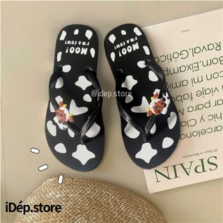  Dép tông đi biển dép kẹp nữ xỏ ngón mũi tròn đế bệt đính charm BÒ SỮA siêu nhẹ thời trang iDÉP DL114 