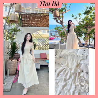 Váy Maxi Trễ Vai Bo Chun Chất Tơ Đũi Nhăn