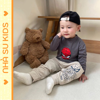 Bộ Thu Đông Cho Bé trai, Bộ Nhện Mavel Áo Xám Quần Be Dài Tay Cho Bé, áo chất coton quần nỉ chân cua cho bé từ 9 -25kg
