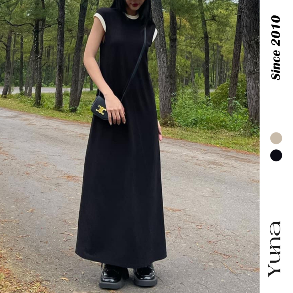 YUNA68 Đầm suông dáng dài tay ngắn thun gân phối viền chuẩn form loại 1 D001