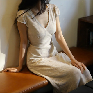  ODILE  Đầm linen dáng dài cổ tim đính ren dây buộc tối giản thanh lịch 