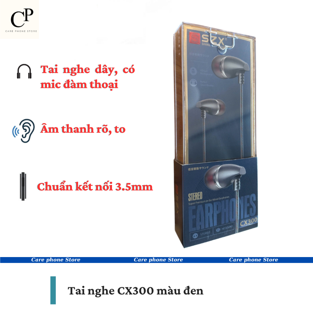 Tai Nghe Có Dây SZX CX300 Màu Đen, Có Mic Đàm Thoại - Âm Thanh To Rõ - Care Phone Store
