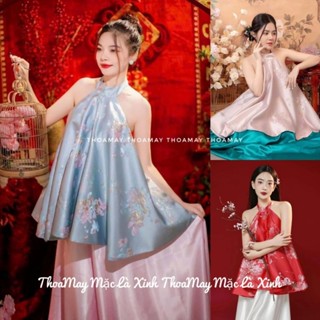  Áo yếm gấm nữ kim tuyến 2 lớp mặc tết chụp ảnh hoa sen 