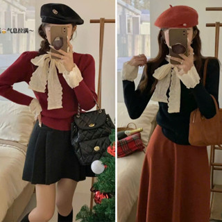  Áo thun dài tay dành cho nữ phối ren cổ tạo thắt nơ độc đáo A105 phong cách Hàn quốc hàng có sẵn 