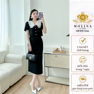  Set Áo Vest Chân Váy Bút Chì Molina Thiết Kế Cổ Trắng Phối Cúc Ngọc Chất Kaki Thun Lụa Chuẩn Form 