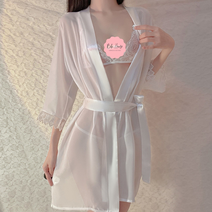 Áo choàng ngủ xuyên thấu phối ren mềm mại gợi cảm áo khoát ngoài nữ mặc nhà có thắt lưng quyến rũ BIKI HOUSE N256 | BigBuy360 - bigbuy360.vn