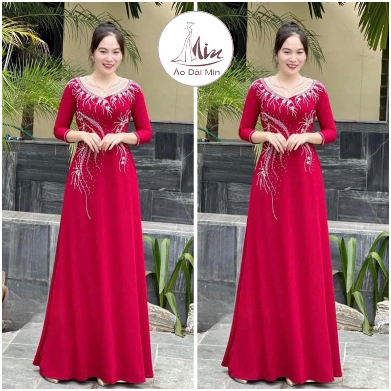 Áo Dài Phom Đầm Dạ Hội Cổ Phối Lưới Tay Lỡ Bên Ngoài Tà Áo Dài Bên Ngoài Tà Quây Váy Xinh