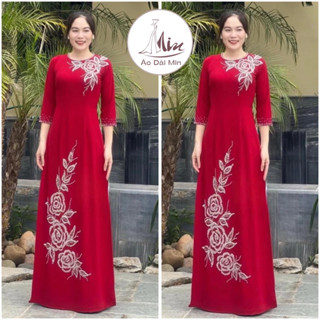 Áo Dài Cho Mẹ MIN08 Màu Đỏ 4 tà Cổ Tròn Tay Lỡ, Áo Dài Trung Niên Cho Mẹ Đính Kết Hoa Pha Lê Cao Cấp