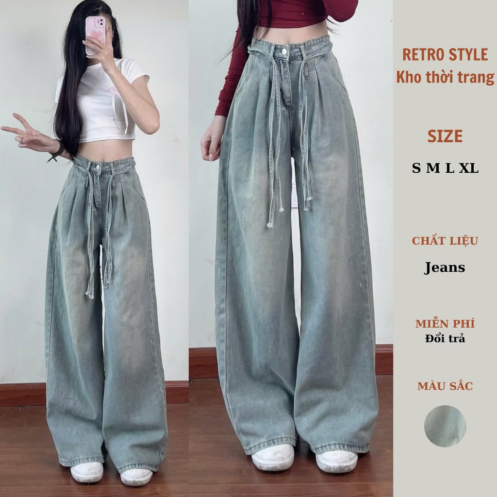 Quần jeans nữ ống rộng kèm dây Retrostyle phong cách hàn quốc