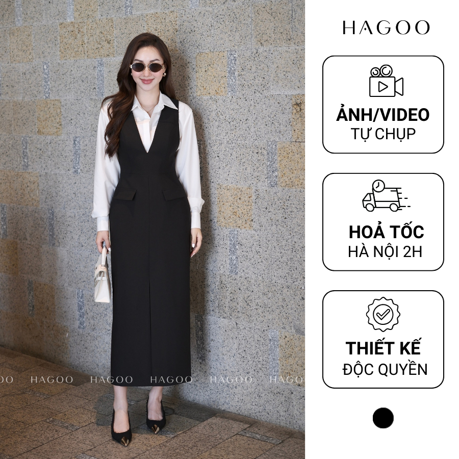 Váy dáng dài HAGOO thiết kế cổ V màu đen tôn dáng phong cách công sở hiện đại [v369]