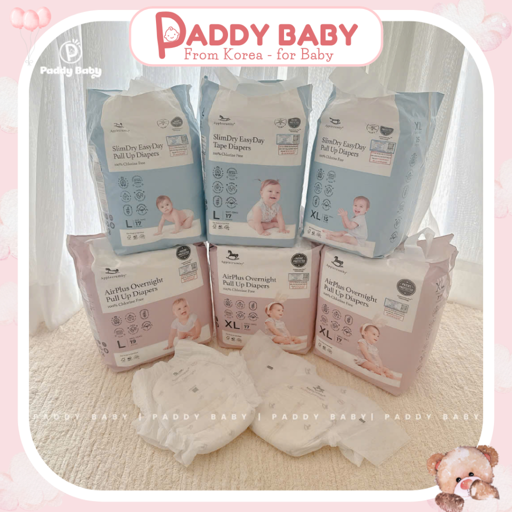 Tã/bỉm dán, quần Applecrumby Slim & Overnight cao cấp đủ size cho bé (1 bịch) - Paddybaby