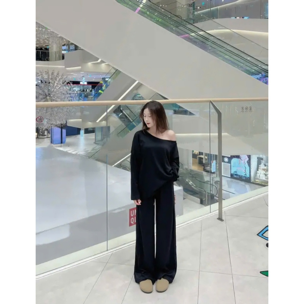 Set Áo Lệch Vai Kèm Quần Ống Suông, Set Trễ Vai Chất Tăm Lông Thỏ Mềm Mại - S84 | BigBuy360 - bigbuy360.vn