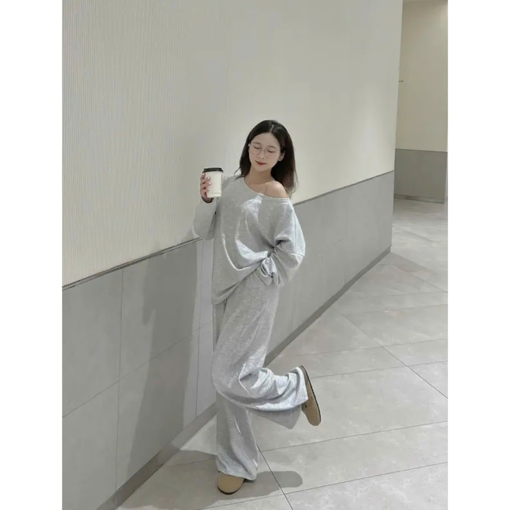 Set Áo Lệch Vai Kèm Quần Ống Suông, Set Trễ Vai Chất Tăm Lông Thỏ Mềm Mại - S84 | BigBuy360 - bigbuy360.vn