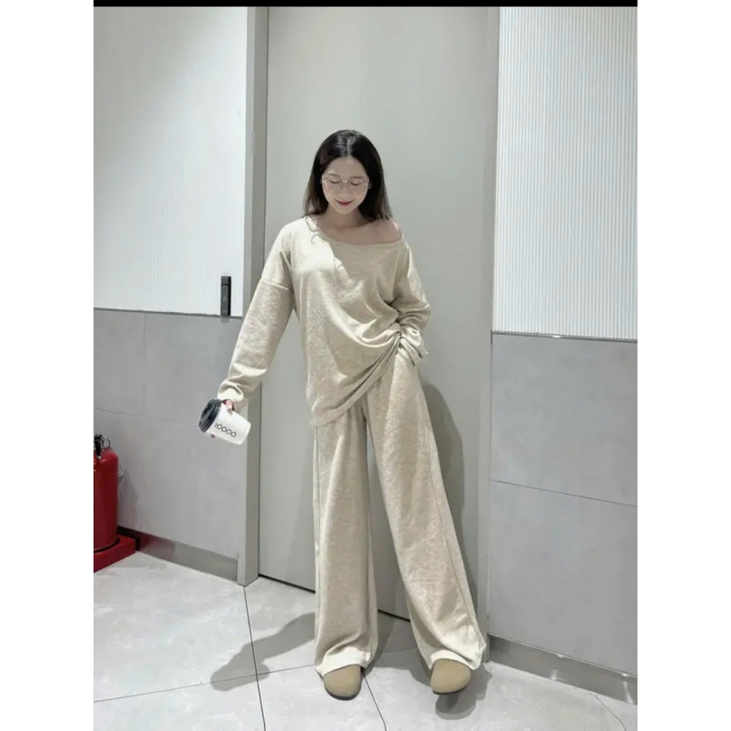 Set Áo Lệch Vai Kèm Quần Ống Suông, Set Trễ Vai Chất Tăm Lông Thỏ Mềm Mại - S84