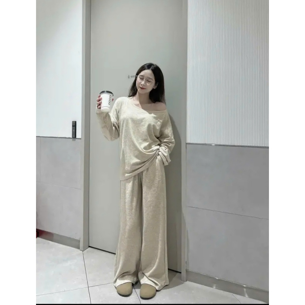 Set Áo Lệch Vai Kèm Quần Ống Suông, Set Trễ Vai Chất Tăm Lông Thỏ Mềm Mại - S84 | BigBuy360 - bigbuy360.vn