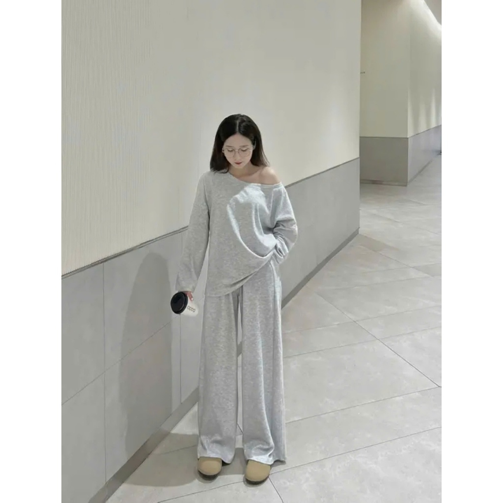 Set Áo Lệch Vai Kèm Quần Ống Suông, Set Trễ Vai Chất Tăm Lông Thỏ Mềm Mại - S84 | BigBuy360 - bigbuy360.vn