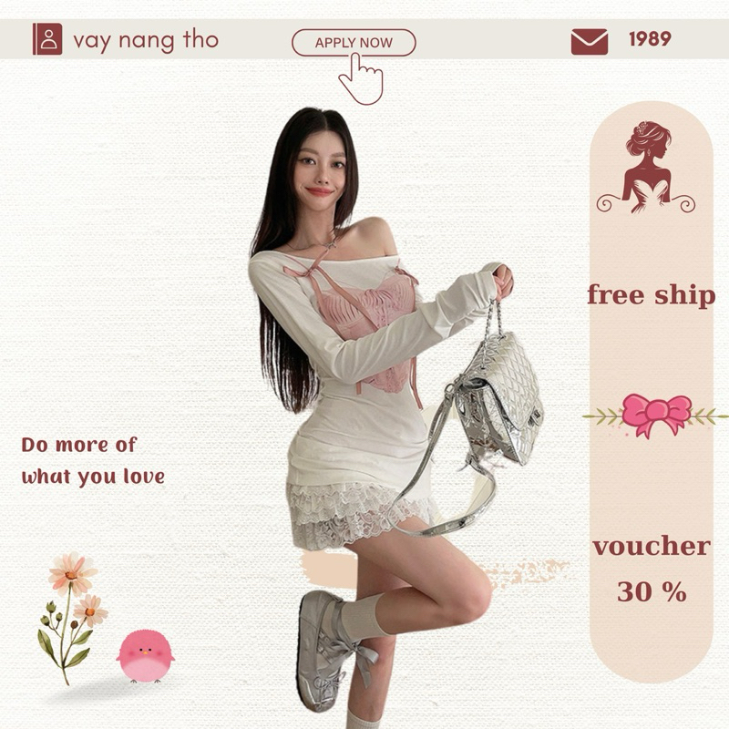 (vaynangtho-order) áo lệch vai- chân váy bồng xòe hàng nội địa trung