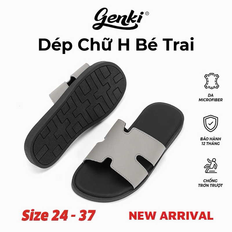 Dép Lê Chữ H Genki Bé Trai Quai Da Đế Cao Su Chống Trơn Trượt Màu Xám