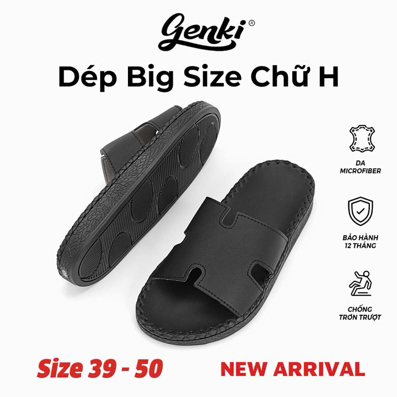 Dép Nam Big Size Chữ H Khâu Đế GENKI Quai Da Màu Đen Đế Cao Su Chống Trơn Trượt - Dép H Khâu Đế