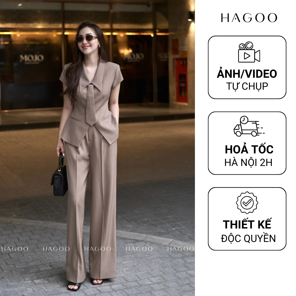 Set áo kèm cà vạt mix quần tây ống suông HAGOO thiết kế thanh lịch cho nữ công sở sang trọng [S309]