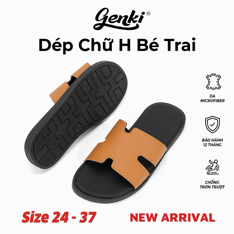Dép Lê Chữ H Genki Bé Trai Quai Da Đế Cao Su Chống Trơn Trượt Màu Vàng Bò