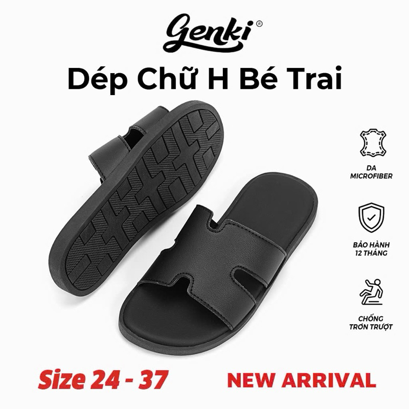 Dép Lê Chữ H Genki Bé Trai Quai Da Đế Cao Su Chống Trơn Trượt Màu Full Đen
