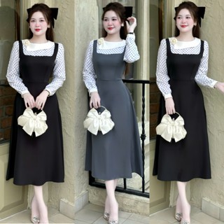 D11- Váy Thiết Kế Phối Chấm Bi, tay dài cổ sen (kèm tag hoa) làm công sở size 38kg-60kg Mijustore