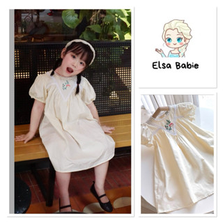 Váy trắng bé gái ElsaBabie dáng baby doll công chúa phối ren thêu hình nấm ngực
