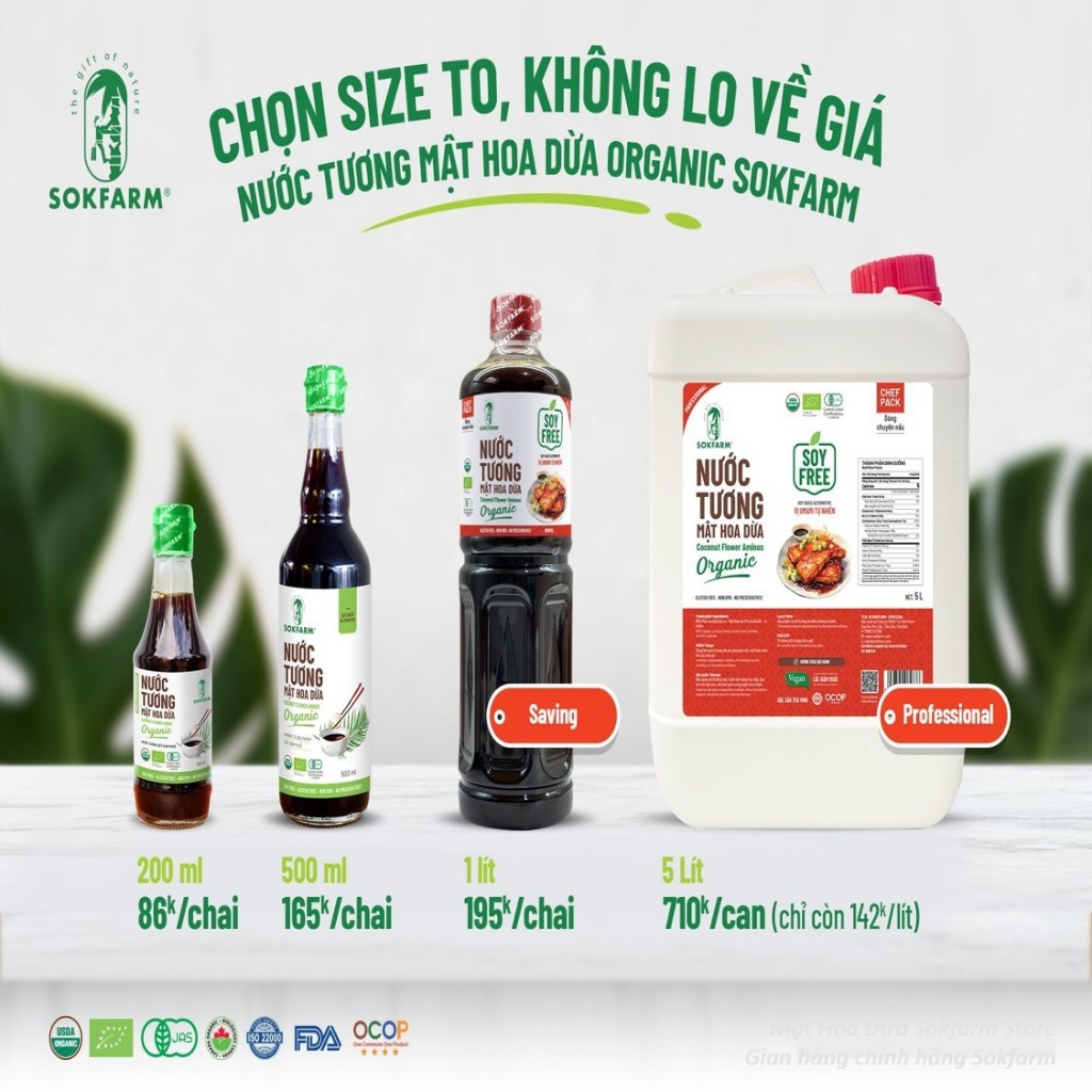 Nước tương mật hoa dừa organic sokfarm can 5 lít, nước tương can 5L cắt giảm muối vị umami tự nhiên