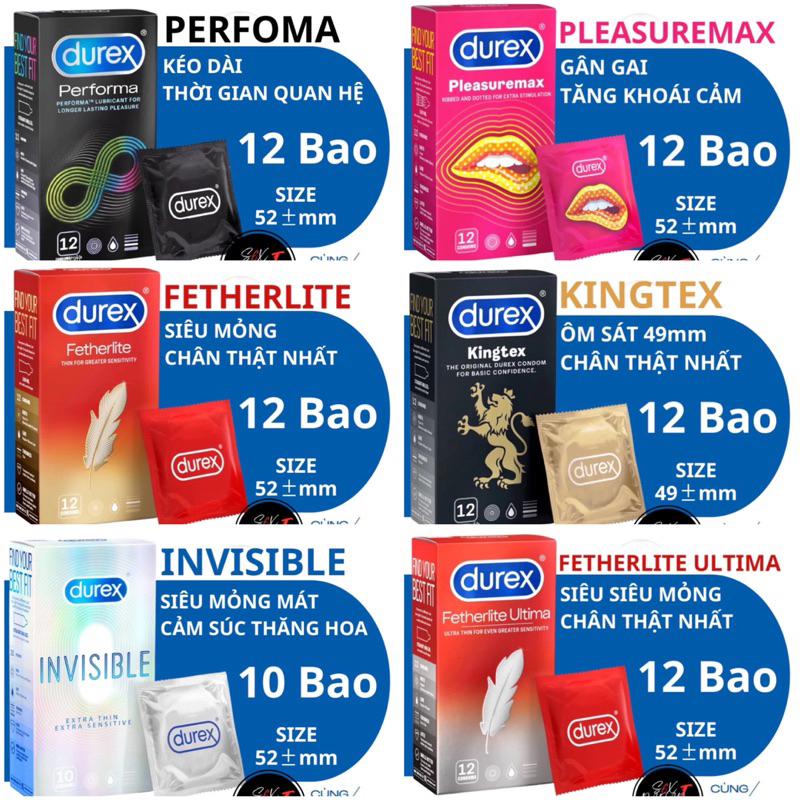 Bao cao su DUREX hộp 12 cái tùy chọn (Durex Performa, Fertherlite, Pleasuremax, Ultima, Kingtex, Invisible)