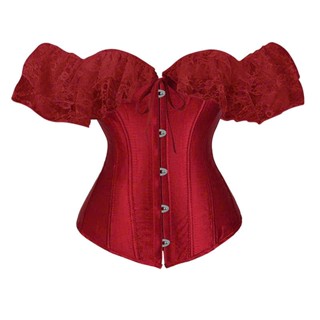 CORSET STORY - Áo Corset Đỏ Đô lụa satin xương cá siết mỡ bụng, tay ren trễ vai tiểu thư qúy tộc