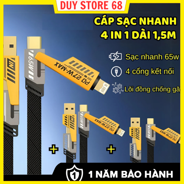 Dây Cáp sạc nhanh 4 in 1 65W sạc Usb-Type C , Type C-TypeC, Type C - laining, USB - laining - Đa năng đa dụng