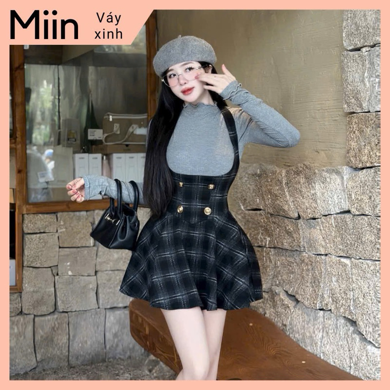 set áo sơ mi trắng + yếm caro