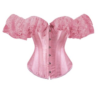 CORSET STORY - Áo corset lụa satin trơn màu hồng pink có tay ren trễ vai điệu đà