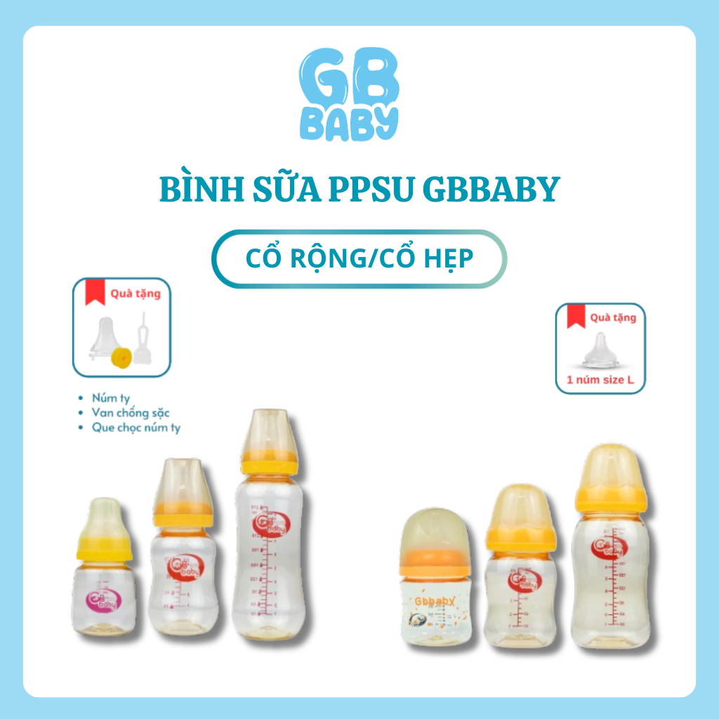 Bình sữa PPSU cổ hẹp/cổ rộng GB-Baby tặng núm ty và van chống sặc sữa cho bé