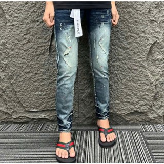 Quần jean pơ pồ xanh nam bảng trơn rách vẩy sơn full tag ống ôm form skinny cao cấp-AHFASHION