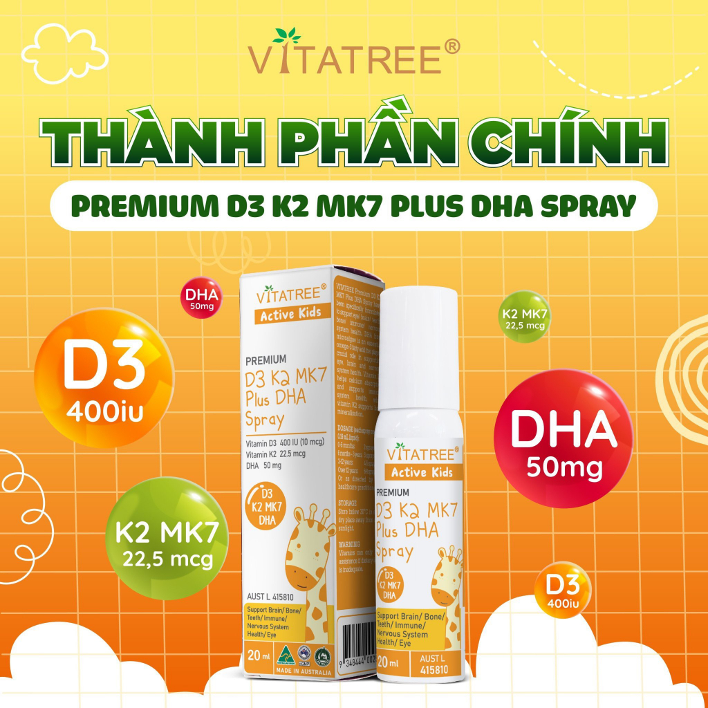 [Nhập Khẩu 2028]D3K2 dạng xịt kết hợp DHA giúp bé hấp thụ canxi tăng cao Vitatree Premium D3K2MK7 Pl