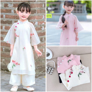  Áo dài cho bé gái 10-35kg 2 màu thêu hoa kèm quần trắng áo dài bé gái sz 10-30kg 