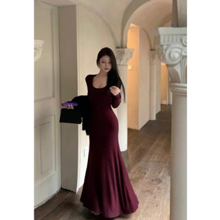 D205 Đầm body nữ tay dài cổ vuông dáng dài form chữ A xòe tiểu thư